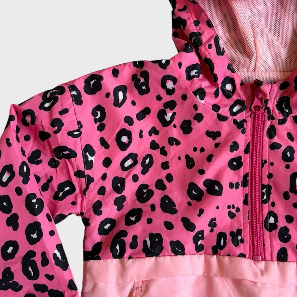 Champion Girls Pink Black Leopard Hooded Windbreaker Jacket Size 4T Lightweight